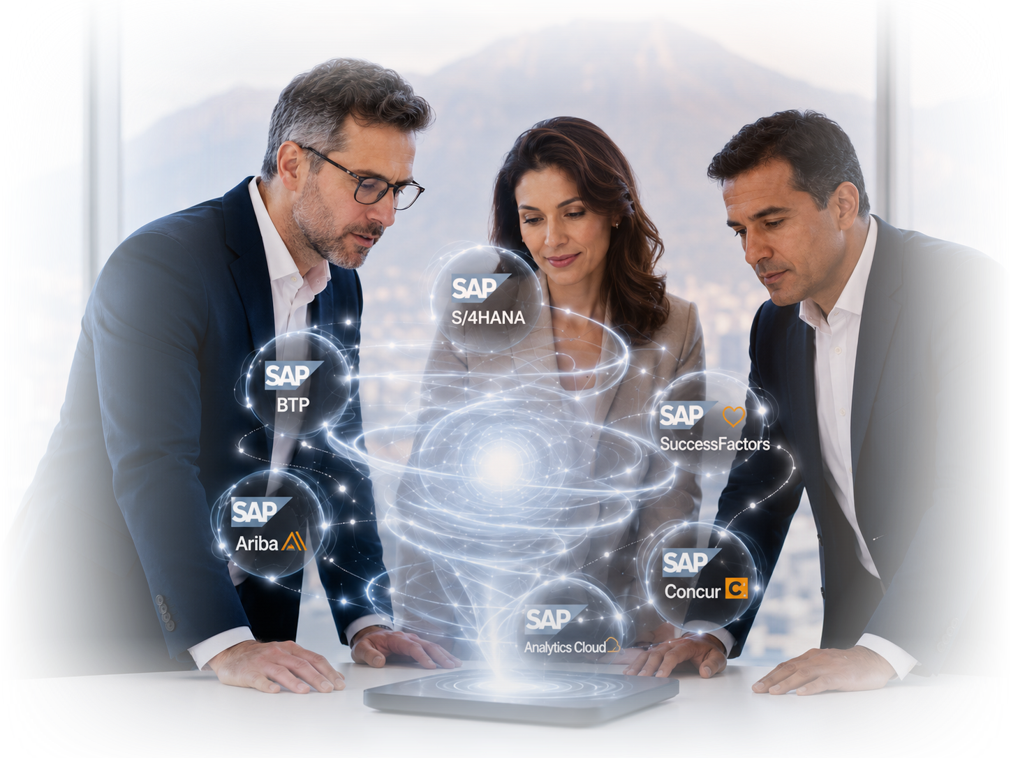 Ejecutivos reunidos analizando una visualización holográfica del ecosistema SAP, con el cerro El Ávila de Caracas al fondo a través del ventanal